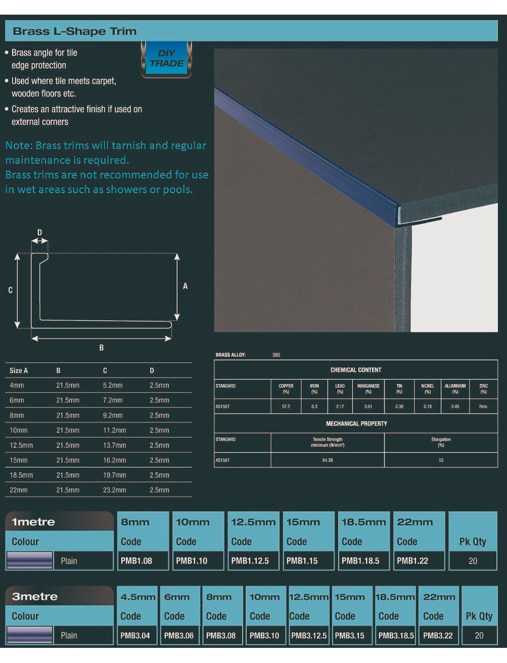 Dta Brass Tiling Angle 10mm X 3m Tradiecart 