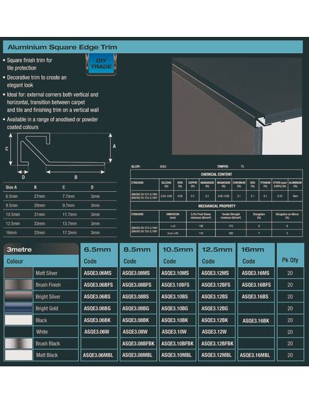 DTA Aluminum Square Edge Angle Bright Silver 6mm X 3m - Tradie Cart